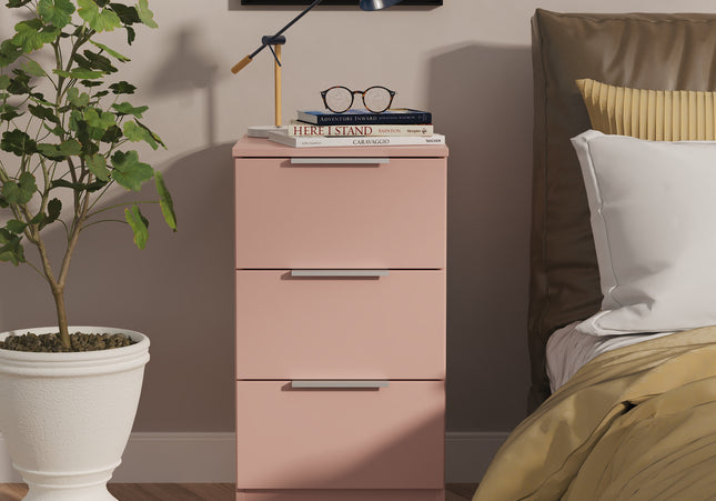 Plymouth 3 Drawer Bedside Table in Kobe Pink