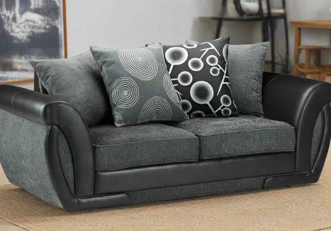 Shannon 3 seater Sofa In Charcoal ,  Charcoal chenille fabric with sleek black faux leather trims scatter back cushions with circle patterns you can turn them and have plain cushions