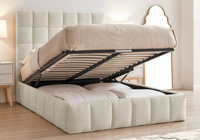 A double or king-size ottoman bed with a beige boucle fabric headboard and base, featuring a hydraulic lifting mechanism.