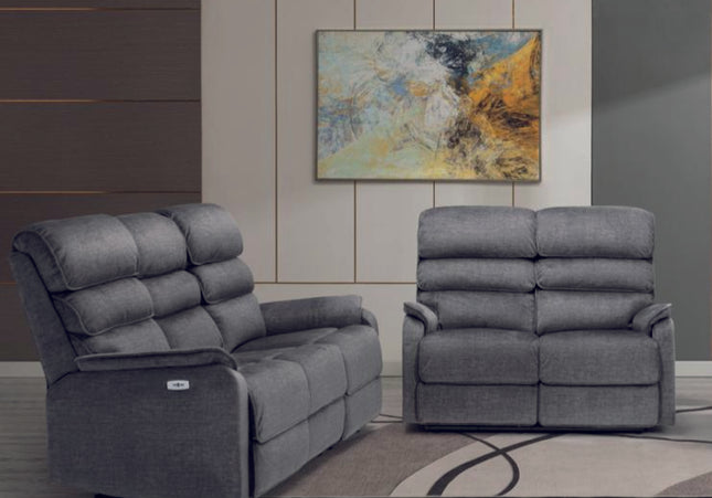 Savoy 3+2 Seat Power Recliner Set.  A full fabric suite in soft touch grey fabric.  high headrest offers neck support. A USB socket is included in the touch panel 