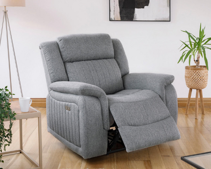 Lotus Power Recliner arm chair   - Grey Luxurious fabric, pillow-top armrests, and a smooth electric  recliner motion with  usb port 