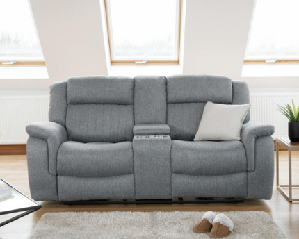 Lotus Power Recliner 2 seater - Grey Luxurious fabric, pillow-top armrests, and a smooth electric  recliner motion with plug outlets usb ports and drink holders 
