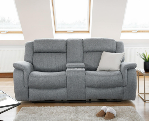 Lotus Power Recliner 2 seater - Grey Luxurious fabric, pillow-top armrests, and a smooth electric  recliner motion with plug outlets usb ports and drink holders 