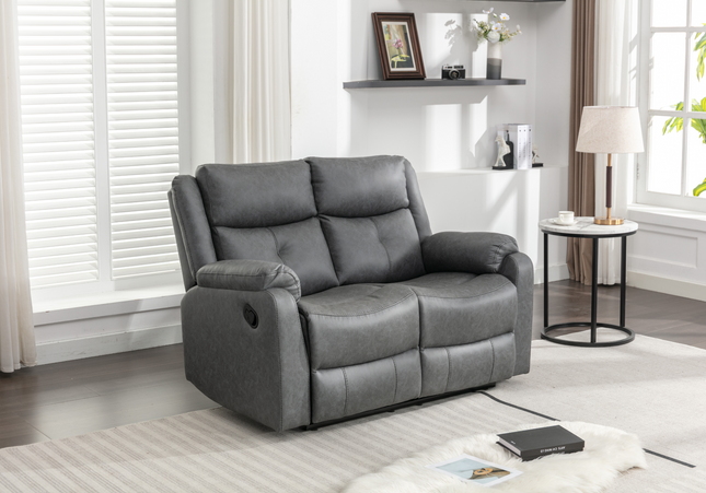 Belair grey Manual Recliner  - Grey reclining 2 seater sofa upholstered in comfortable grey faux leather both seats recline