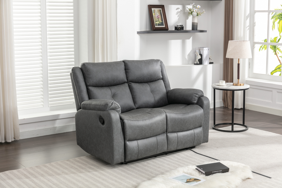 Belair grey Manual Recliner  - Grey reclining 2 seater sofa upholstered in comfortable grey faux leather both seats recline