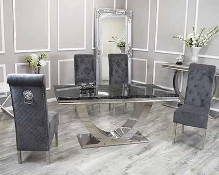 London 1.5m Black Marble Table With 4 Dark Grey Lucy Chairs