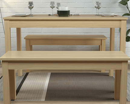 Light wood dining table with two benches 