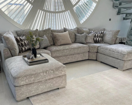 Bishop U Shape Sofa - Truffle - Pillow Back, stunning platinum Chenille fabric, Seat Cushions: Removable, Foam-filled Seat Cushions, Large Moveable Poufy x2