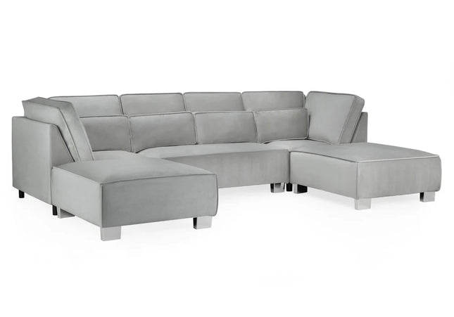 Sloane U Shape - Grey chic plush velvet  fabric with fixed seat cushions and fixed footstools removable back and side cushions