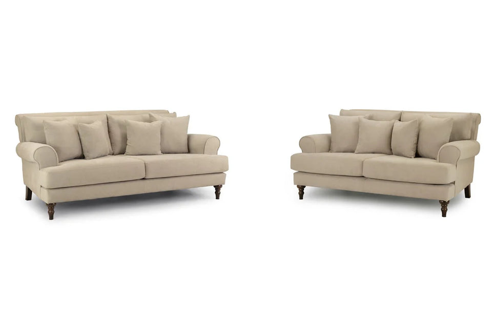 Summer 3+2 Seat Sofa Set -Beige Featuring classically scrolled arms and gorgeously turned wooden legs, The remarkably soft, removable cushions with anti-slip panels keep your sofa looking immaculate