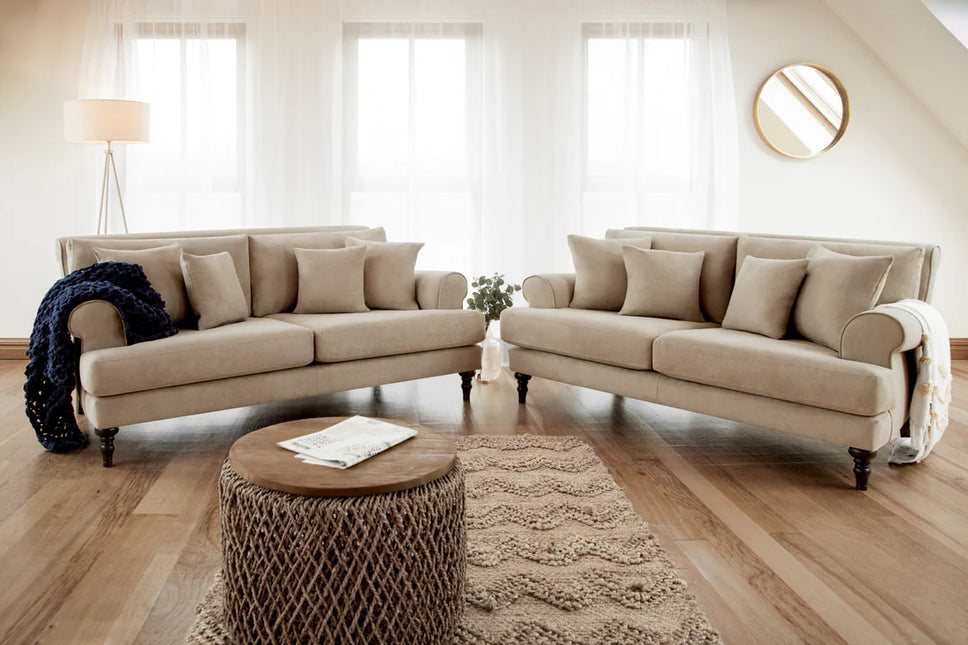 Summer 3+2 Seat Sofa Set -Beige Featuring classically scrolled arms and gorgeously turned wooden legs, The remarkably soft, removable cushions with anti-slip panels keep your sofa looking immaculate