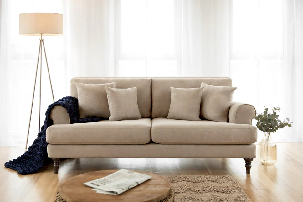 Summer 3 Seat Sofa  - beige
Featuring classically scrolled arms and gorgeously turned wooden legs, The remarkably soft, removable cushions with anti-slip panels keep your sofa looking immaculate