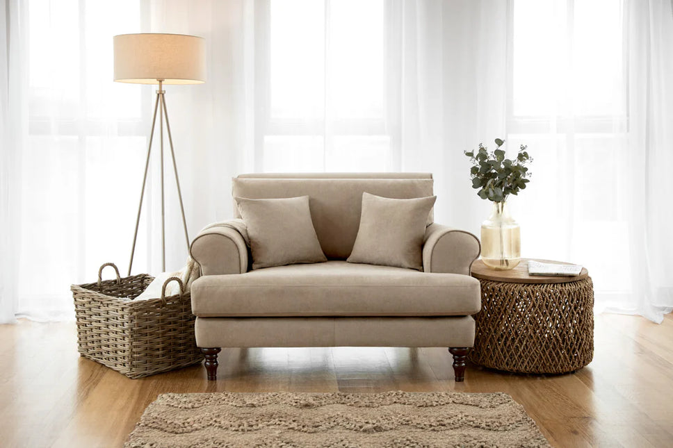 Summer armchair  - Beige, Featuring classically scrolled arms and gorgeously turned wooden legs, The remarkably soft, removable cushions with anti-slip panels keep your sofa looking immaculate