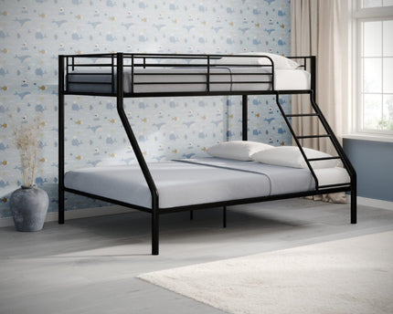 Black metal bunk bed with a double bed at the bottom and a single at the top with fixed ladders