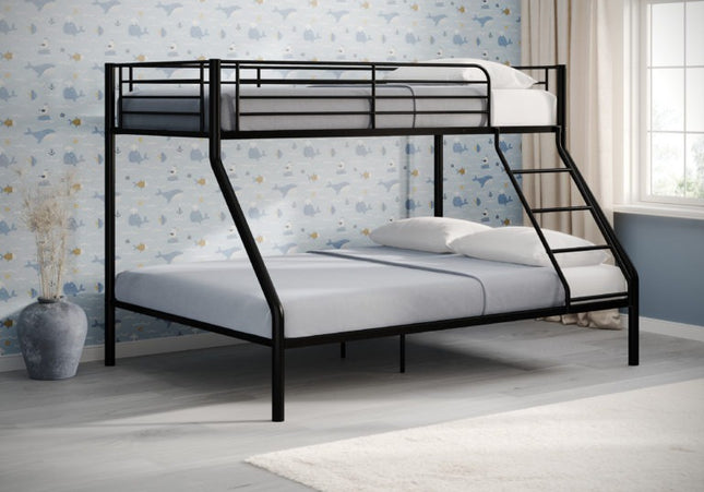 Black metal bunk bed with a double bed at the bottom and a single at the top with fixed ladders