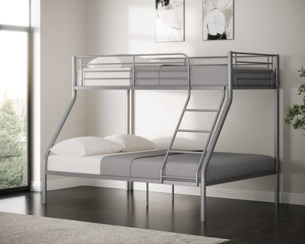 Metal silver bunk bed with a double bed on the bottom and a single on top with fixed ladders.