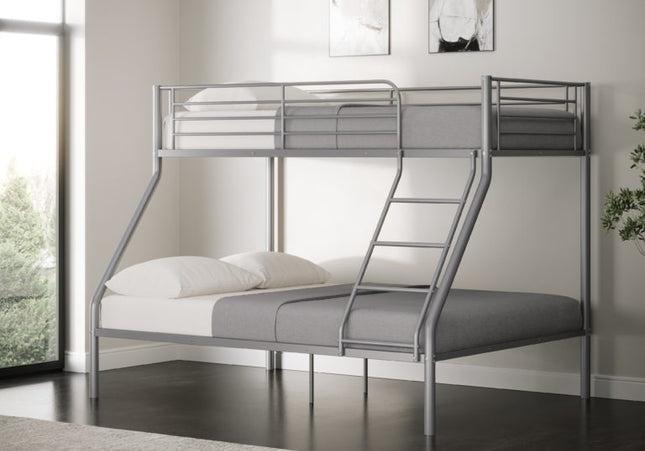 Metal silver bunk bed with a double bed on the bottom and a single on top with fixed ladders.