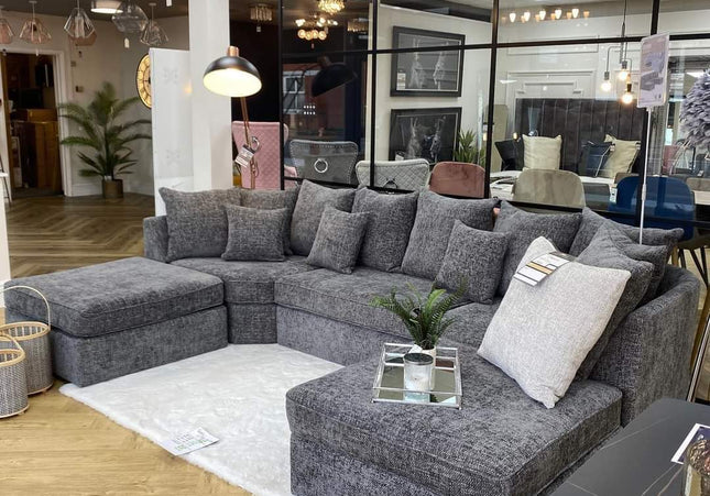 Bishop U Shape - Pillow Back Sofa - Platinum,  stunning platinum Chenille fabric, Back Cushions: Removable 
Large Moveable Poufy x2