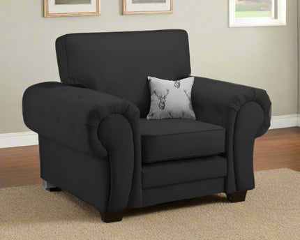Verona Armchair - Black foam-filled cushions and soft polyester fabric. button detail on the large square arms