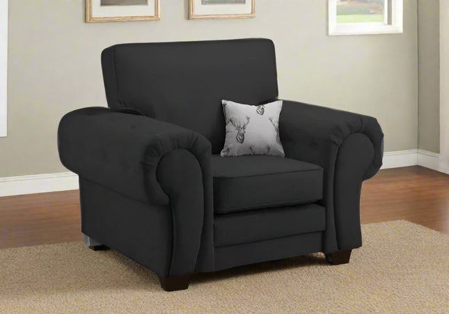 Verona Armchair - Black foam-filled cushions and soft polyester fabric. button detail on the large square arms
