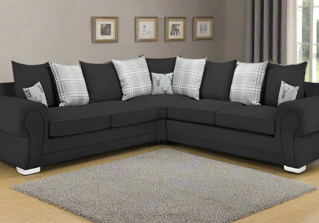 Verona 2c2 Pillow Back Corner - Black foam-filled cushions and soft polyester fabric. button detail on the large square arms