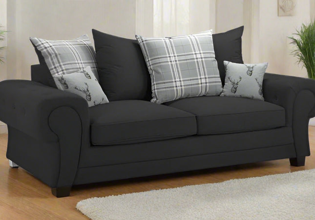 Verona 3 seater Pillow Back  - Black foam-filled cushions and soft polyester fabric. button detail on the large square arms
