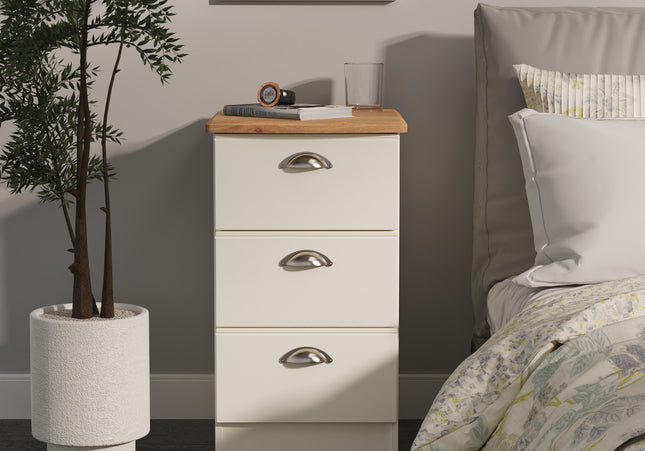 Victoria 3 Drawer Bedside Table in Cream Ash & Riviera Oak