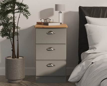 Victoria 3 Drawer Bedside Table in Dusk Grey & Riviera Oak