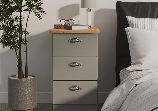 Victoria 3 Drawer Bedside Table in Dusk Grey & Riviera Oak