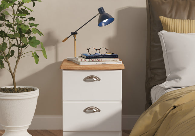 Victoria 2 Drawer Bedside Table in White Ash & Riviera Oak