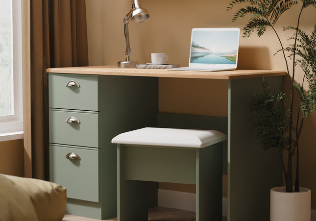 Victoria Desk & Stool in Reed Green & Riviera Oak