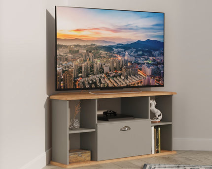 Victoria Corner TV Unit in Dusk Grey & Riviera Oak