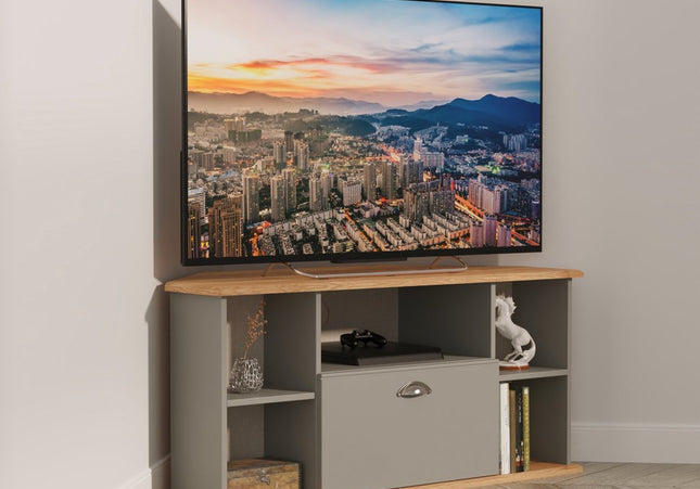 Victoria Corner TV Unit in Dusk Grey & Riviera Oak