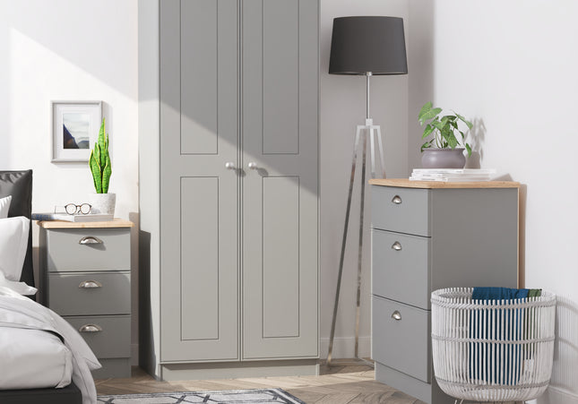Victoria Bedroom Collection In Dusk Grey With Riviera Oak Top