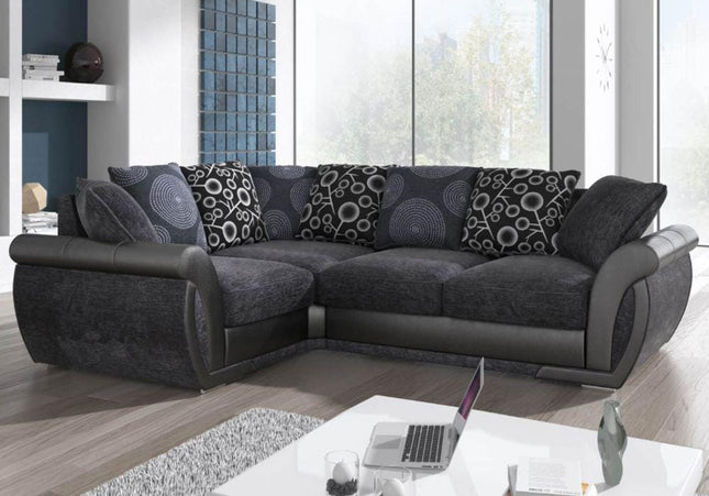 Shannon 1c2 Corner Sofa In Charcoal,  Charcoal chenille fabric with sleek black faux leather trims scatter back cushions with circle patterns you can turn them and have plain cushions