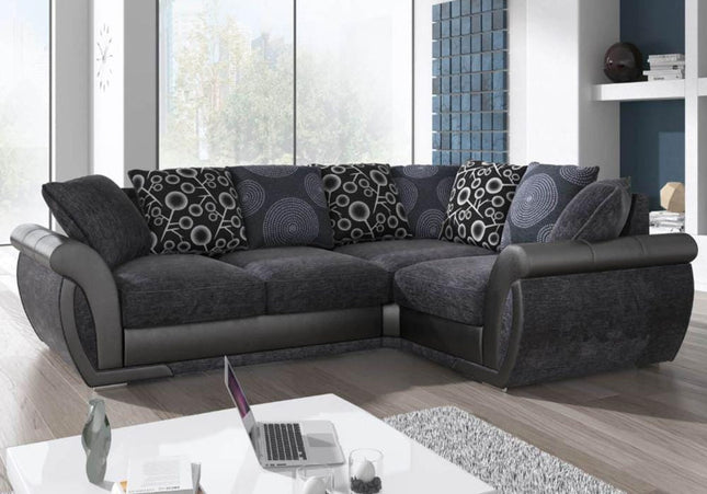 Shannon 2c1 Corner Sofa In Charcoal In Charcoal,  Charcoal chenille fabric with sleek black faux leather trims scatter back cushions with circle patterns you can turn them and have plain cushions