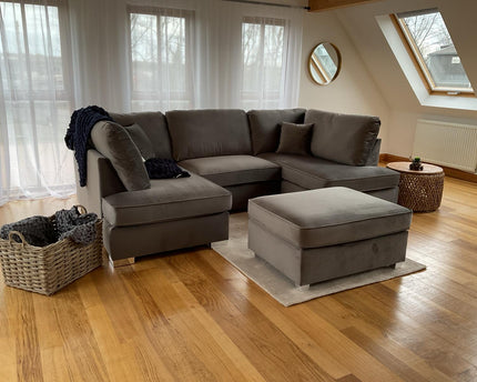 Sandringham U Shape Sofa Including Footstool - Charcoal plush velvet really soft to touch luxury fabric Seat Cushions: Removable, Back Cushions: Removable, Foam-filled Seat Cushions with is large shape ideal for relaxing movie nights 