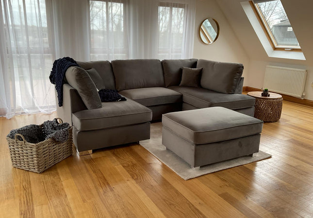 Sandringham U Shape Sofa Including Footstool - Charcoal plush velvet really soft to touch luxury fabric Seat Cushions: Removable, Back Cushions: Removable, Foam-filled Seat Cushions with is large shape ideal for relaxing movie nights 