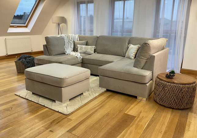 Sandringham U Shape Sofa Including Footstool - Plush Velvet Beige really soft to touch luxury fabric Seat Cushions: Removable, Back Cushions: Removable, Foam-filled Seat Cushions with is large shape ideal for relaxing movie nights 