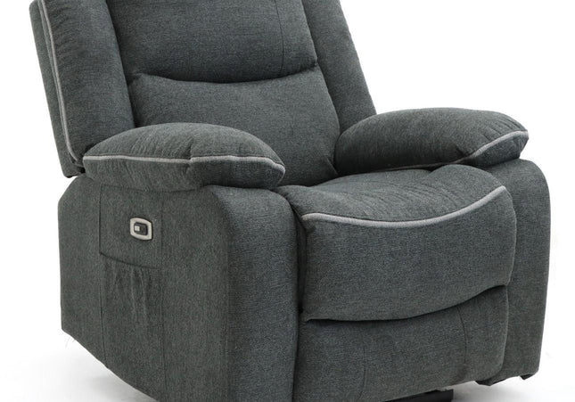 Harald Power Recliner Armchair - Grey Fabric, cosy upholstery and large padded armrests for added comfort. with a USB- charging port, and a handy side pocket, perfect for storing remote control