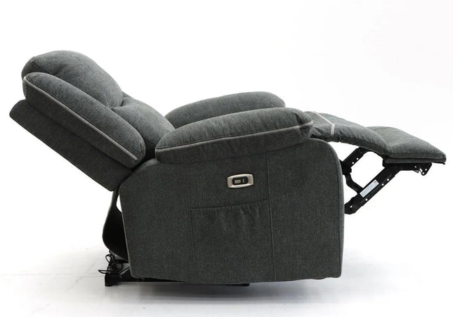 Harald Power Recliner Armchair - Grey Fabric, cosy upholstery and large padded armrests for added comfort. with a USB- charging port, and a handy side pocket, perfect for storing remote control