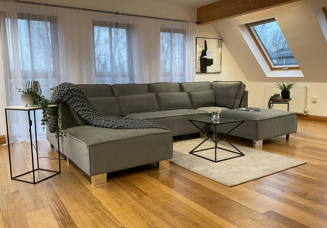 Sloane U Shape - Grey chic plush velvet  fabric with fixed seat cushions and fixed footstools removable back and side cushions