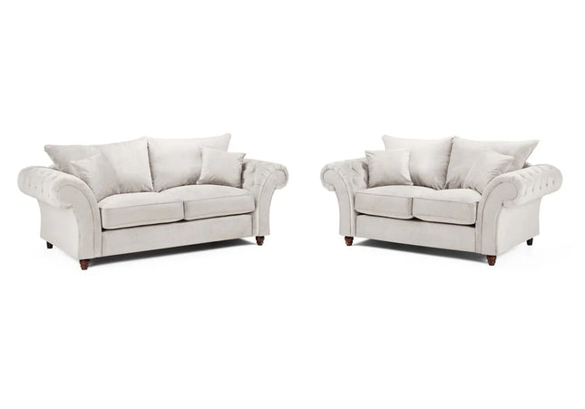 Windsor 3+2 Sofa - Stone  soft polyester upholstery and luxury foam cushions, With rounded, buttoned arms to give the range an elegant, classic look