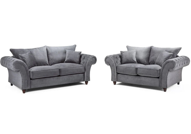 Windsor 3+2 seater Sofa - Grey  soft polyester upholstery and luxury foam cushions, With rounded, buttoned arms to give the range an elegant, classic look