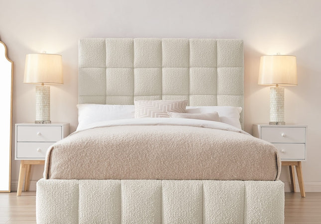 A double or king-size ottoman bed with a beige boucle fabric headboard and base, featuring a hydraulic lifting mechanism.
