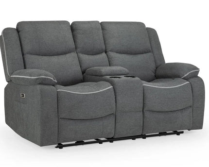 Harald Power Recliner 2 seater - Grey Fabric, cosy upholstery and large padded armrests for added comfort. Drinks holder and storage compartment, a USB- charging port, and a handy side pocket, perfect for storing remote control