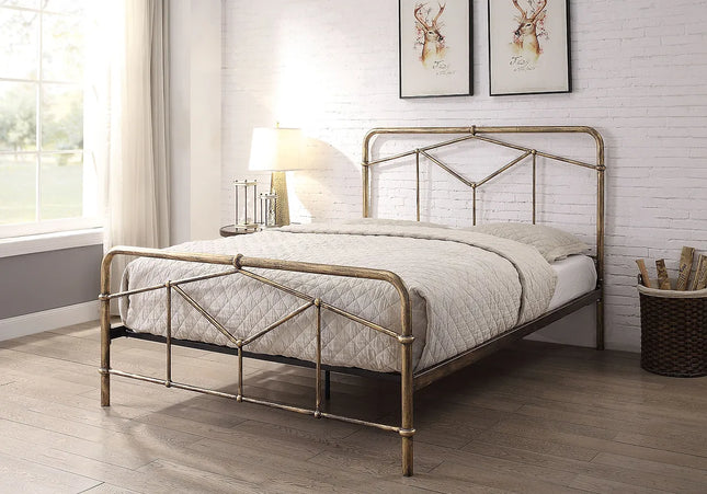 A bronze double bed frame with a geometric pattern, 