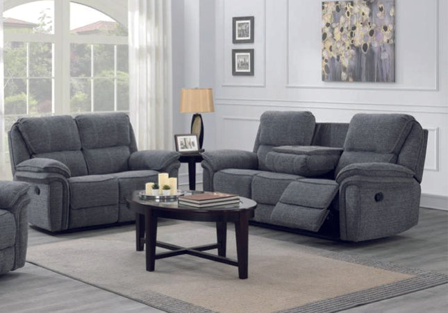 Belmont Manual Recliner 3+2 Set. in a soft touch fabric in a dark grey colour. Contrast stitch piping in a light grey colour adds a touch of luxury to the suite. with drop down console with inbuilt cup holders,