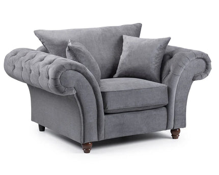 Windsor Armchair - Grey  soft polyester upholstery and luxury foam cushions, With rounded, buttoned arms to give the range an elegant, classic look