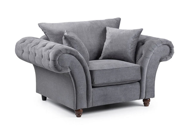 Windsor Armchair - Grey  soft polyester upholstery and luxury foam cushions, With rounded, buttoned arms to give the range an elegant, classic look